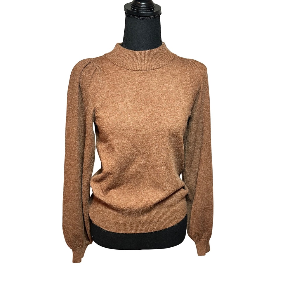 White + Warren Camel Brown Mock Neck Puff Shoulder Cashmere Sweater Womens XS